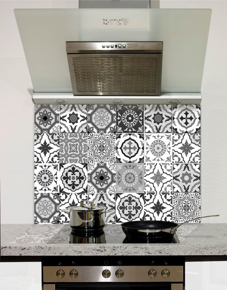 Picture of Black and White Moroccan Tiles Glass Splashback (standard size)