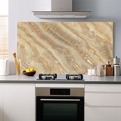 Material images on toughened glass splashbacks